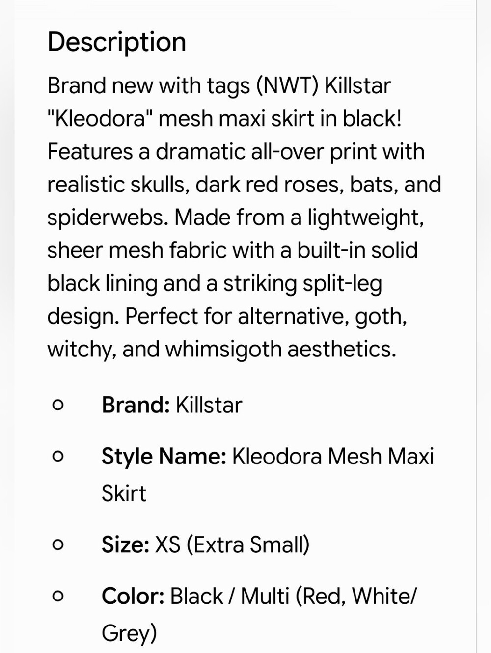 NWT Killstar Kleodora Gothic Black Sheer Skull & Rose Maxi Skirt, XS - Picture 14 of 15